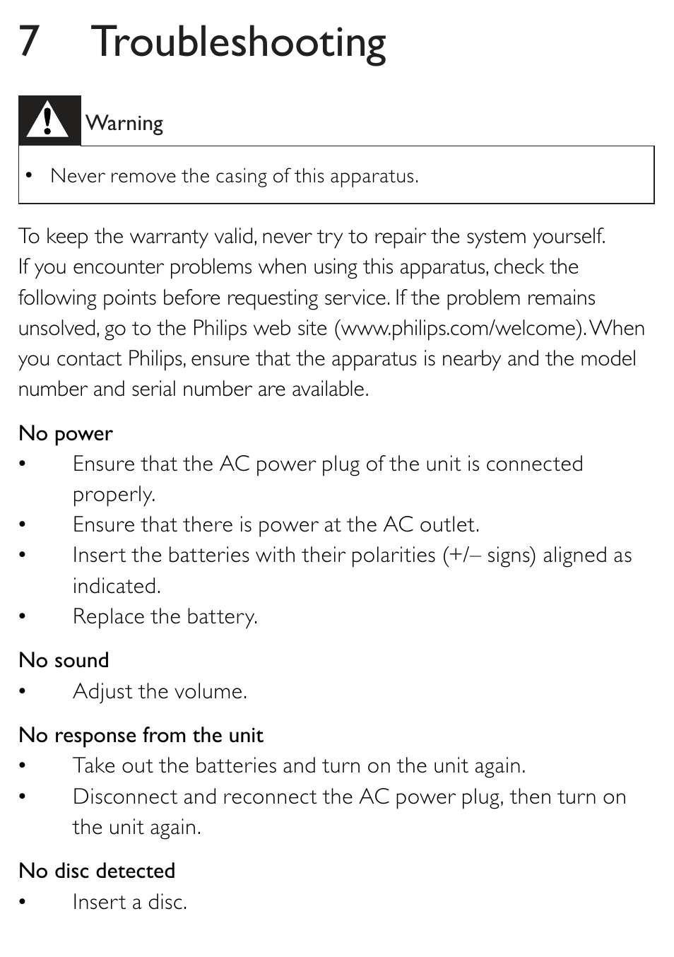 7 troubleshooting | Philips AZ202/B/C/N/R User Manual | Page 18 / 20