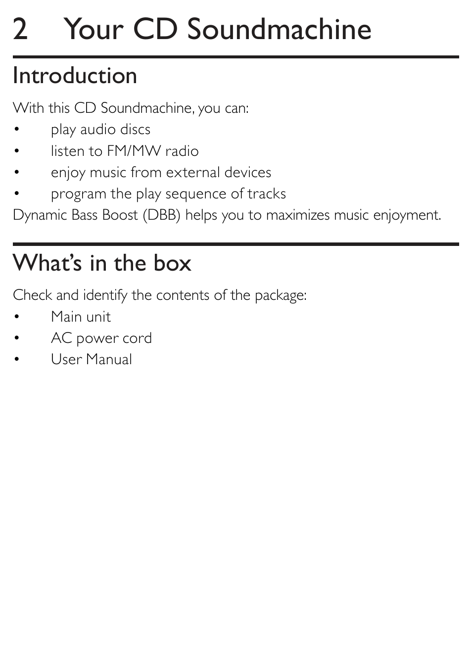 2 your cd soundmachine, Introduction, What’s in the box | Philips AZ202/B/C/N/R User Manual | Page 7 / 20
