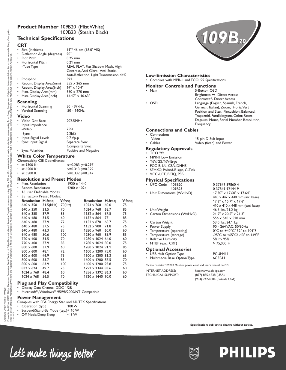 109b, Scanning, Video | White color temperature, Resolution and preset modes, Plug and play compatibility, Power management, Low-emission characteristics, Monitor controls and functions, Connections and cables | Philips 109B20 User Manual | Page 2 / 2