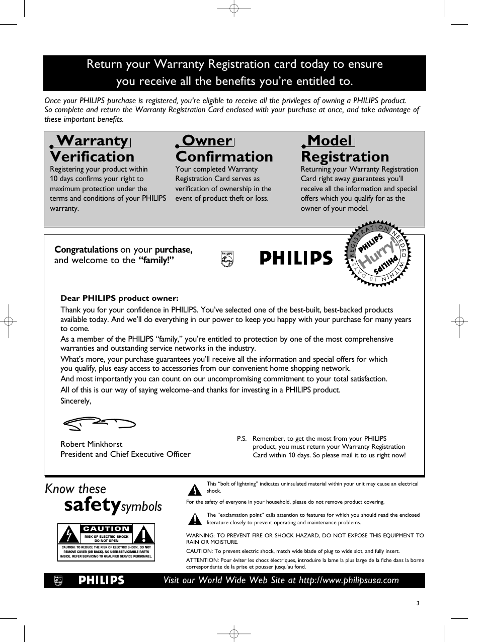 Safety, Warranty verification, Owner confirmation | Model registration, Hurry, Know these, Symbols | Philips AE 1000 User Manual | Page 3 / 7