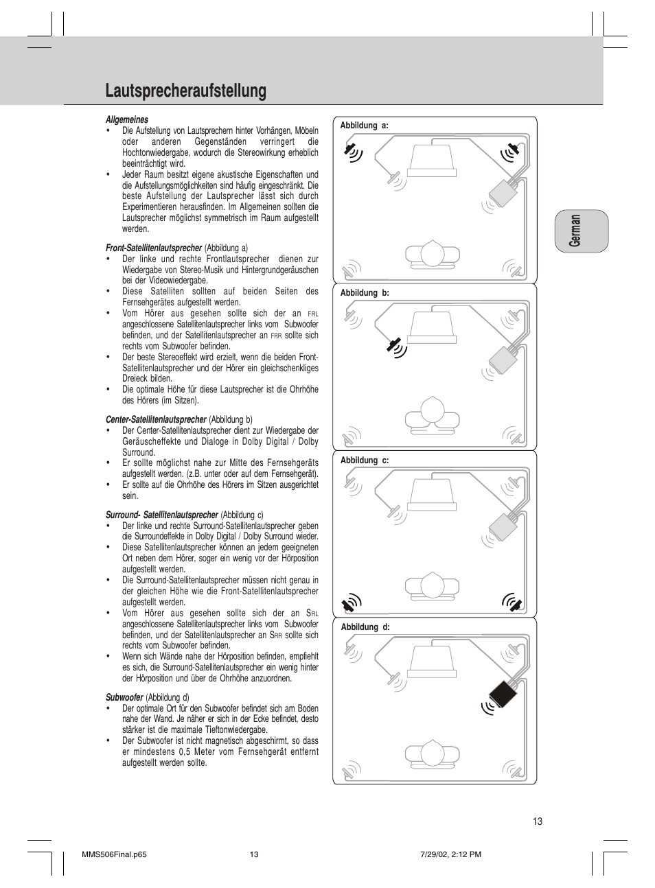 Lautsprecheraufstellung | Philips 600/MMS 506 User Manual | Page 13 / 50