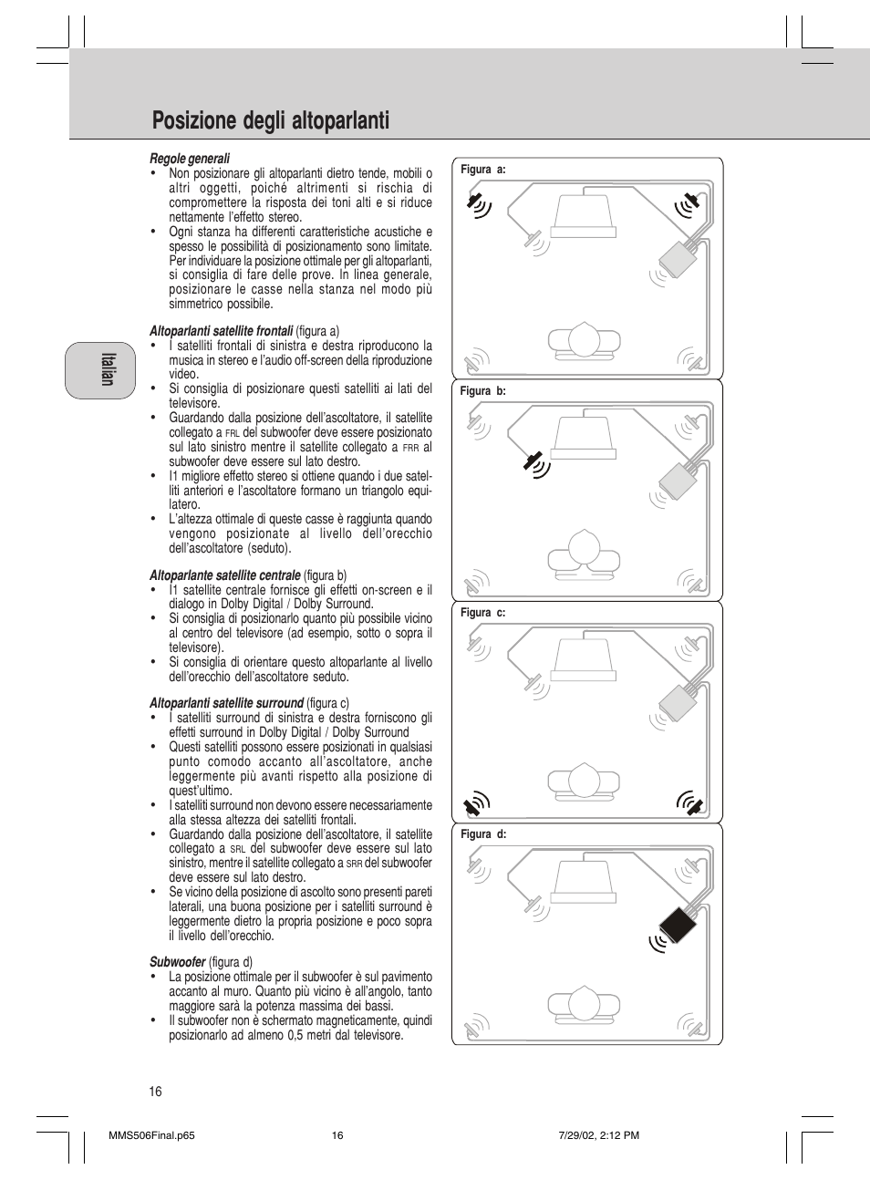 Posizione degli altoparlanti | Philips 600/MMS 506 User Manual | Page 16 / 50