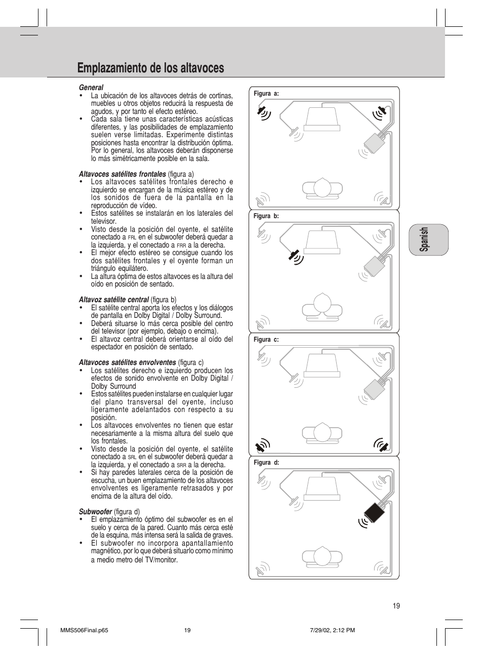 Emplazamiento de los altavoces | Philips 600/MMS 506 User Manual | Page 19 / 50