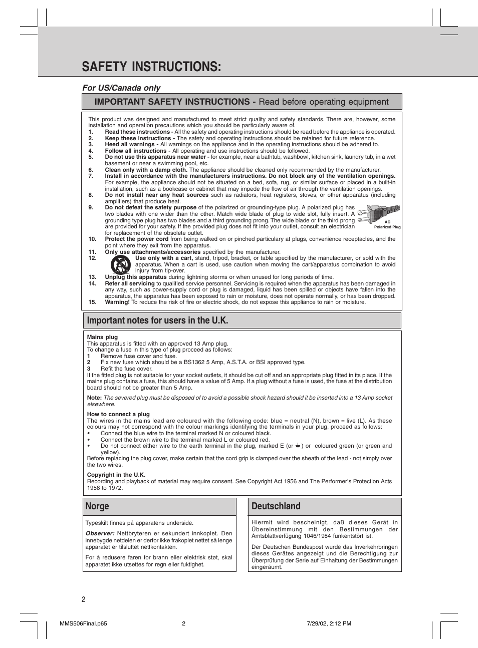Safety instructions, Norge, Deutschland | Philips 600/MMS 506 User Manual | Page 2 / 50