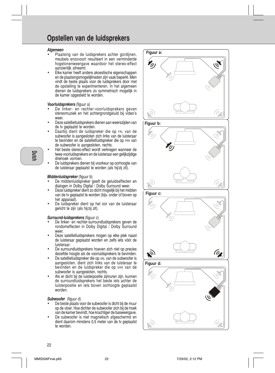 Opstellen van de luidsprekers | Philips 600/MMS 506 User Manual | Page 22 / 50