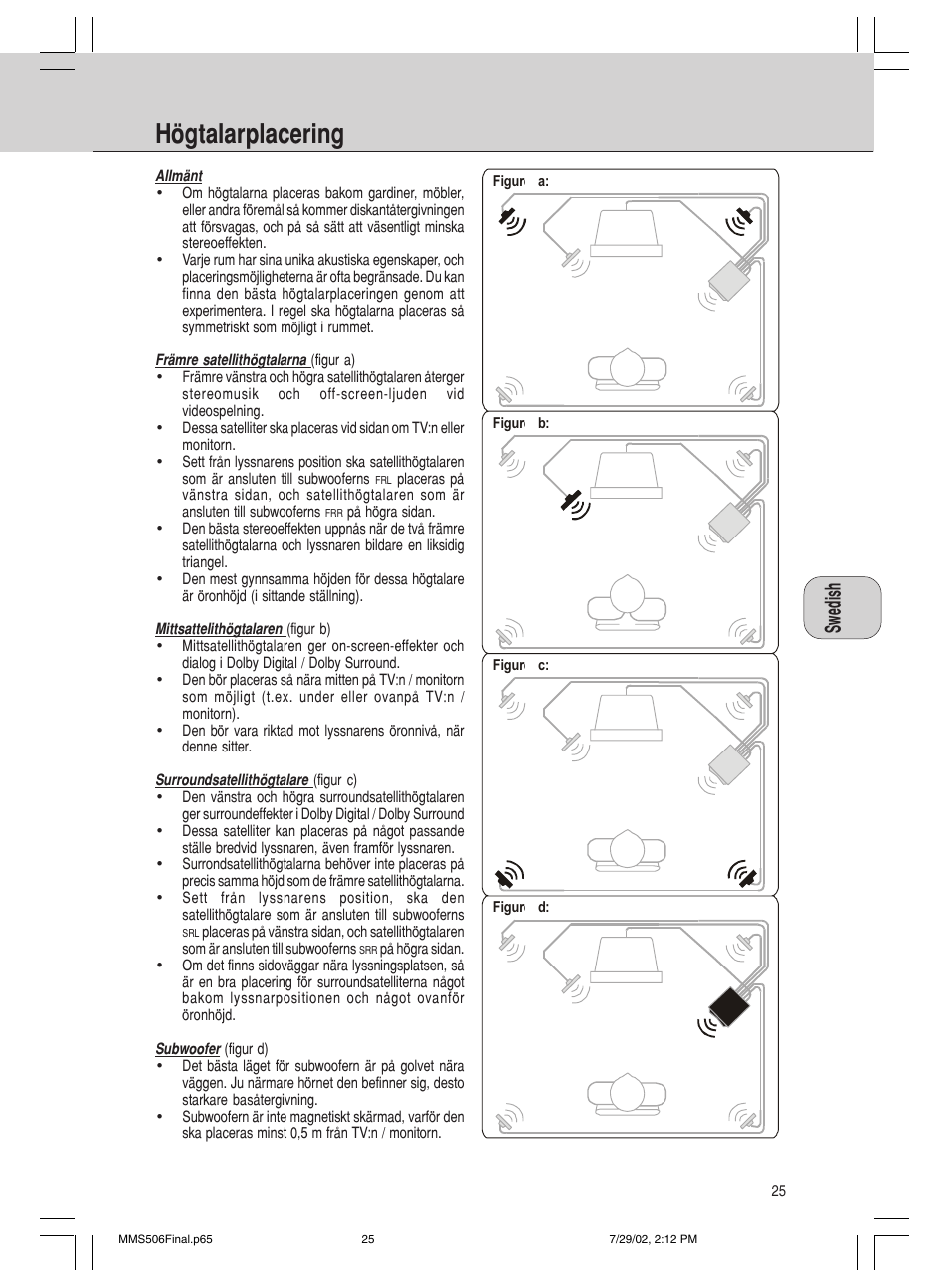 Högtalarplacering | Philips 600/MMS 506 User Manual | Page 25 / 50