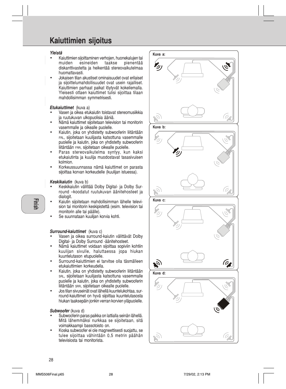Kaiuttimien sijoitus | Philips 600/MMS 506 User Manual | Page 28 / 50