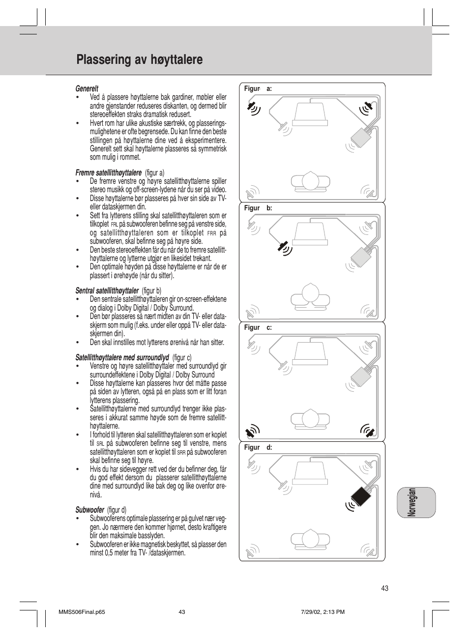Plassering av høyttalere | Philips 600/MMS 506 User Manual | Page 43 / 50