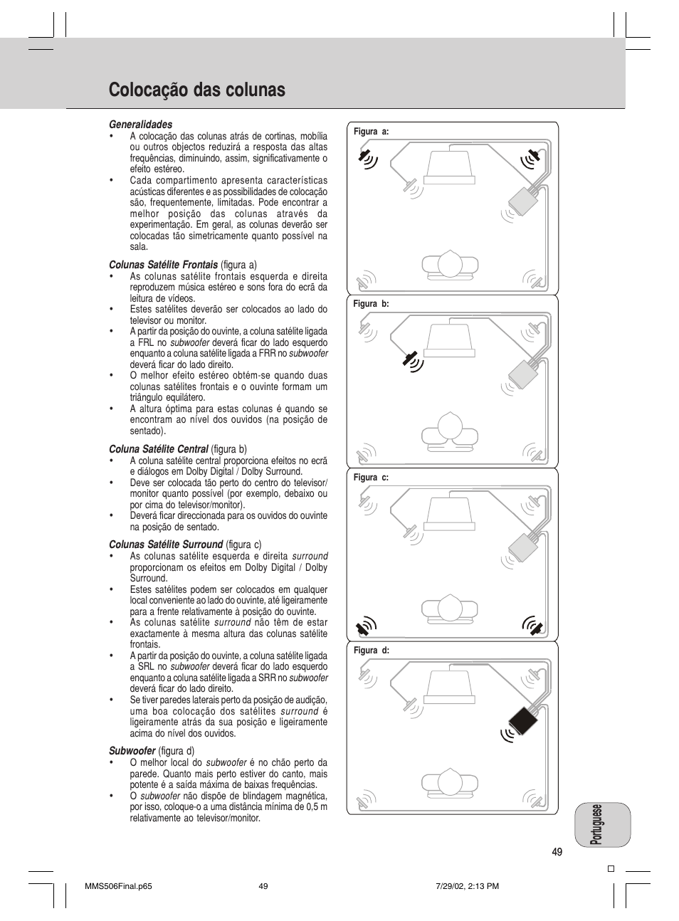 Colocação das colunas, Portuguese | Philips 600/MMS 506 User Manual | Page 49 / 50