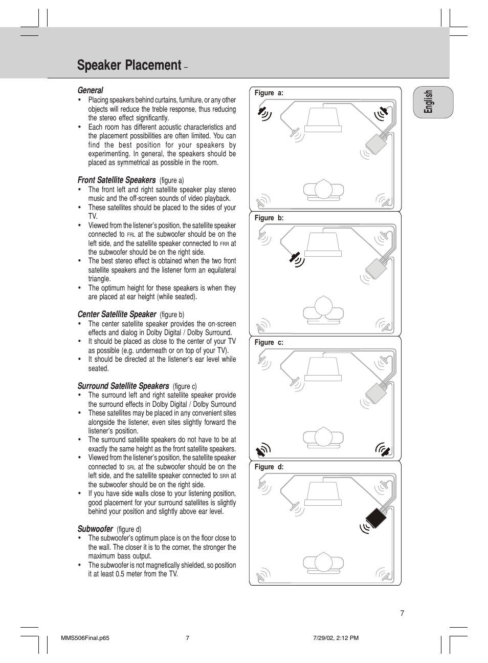 Speaker placement | Philips 600/MMS 506 User Manual | Page 7 / 50