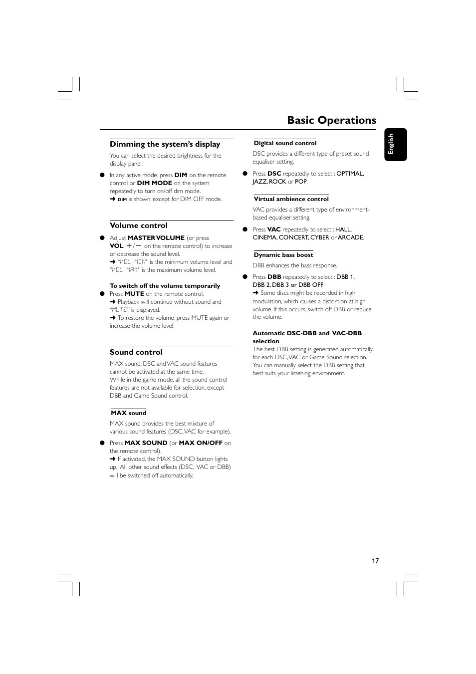 Basic operations, Dimming the system’s display, Volume control | Sound control | Philips - FWM569 User Manual | Page 17 / 26