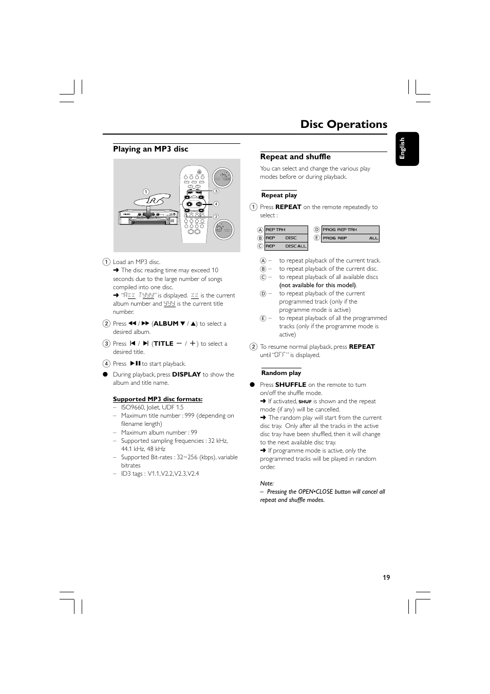 Disc operations, Playing an mp3 disc, Repeat and shuffle | Philips - FWM569 User Manual | Page 19 / 26