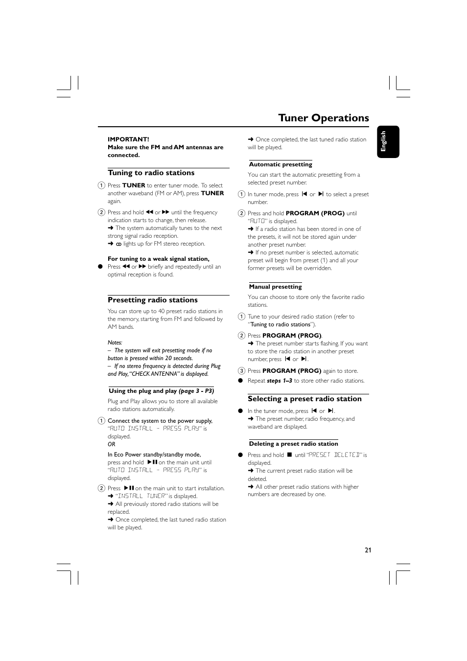 Tuner operations | Philips - FWM569 User Manual | Page 21 / 26