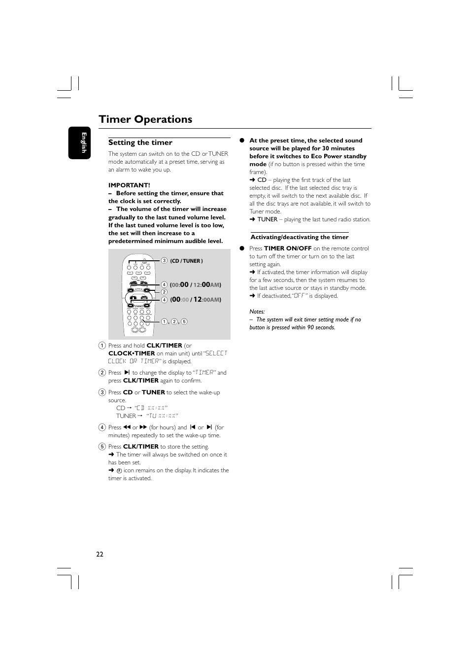 Timer operations, Setting the timer | Philips - FWM569 User Manual | Page 22 / 26