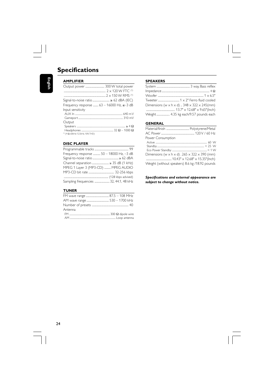 Specifications | Philips - FWM569 User Manual | Page 24 / 26