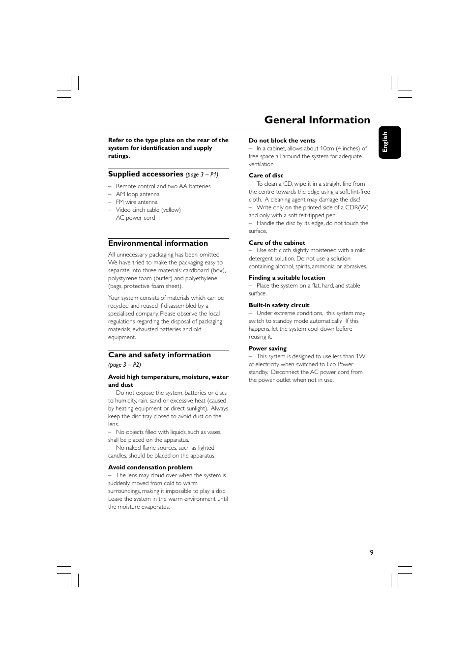 General information | Philips - FWM569 User Manual | Page 9 / 26