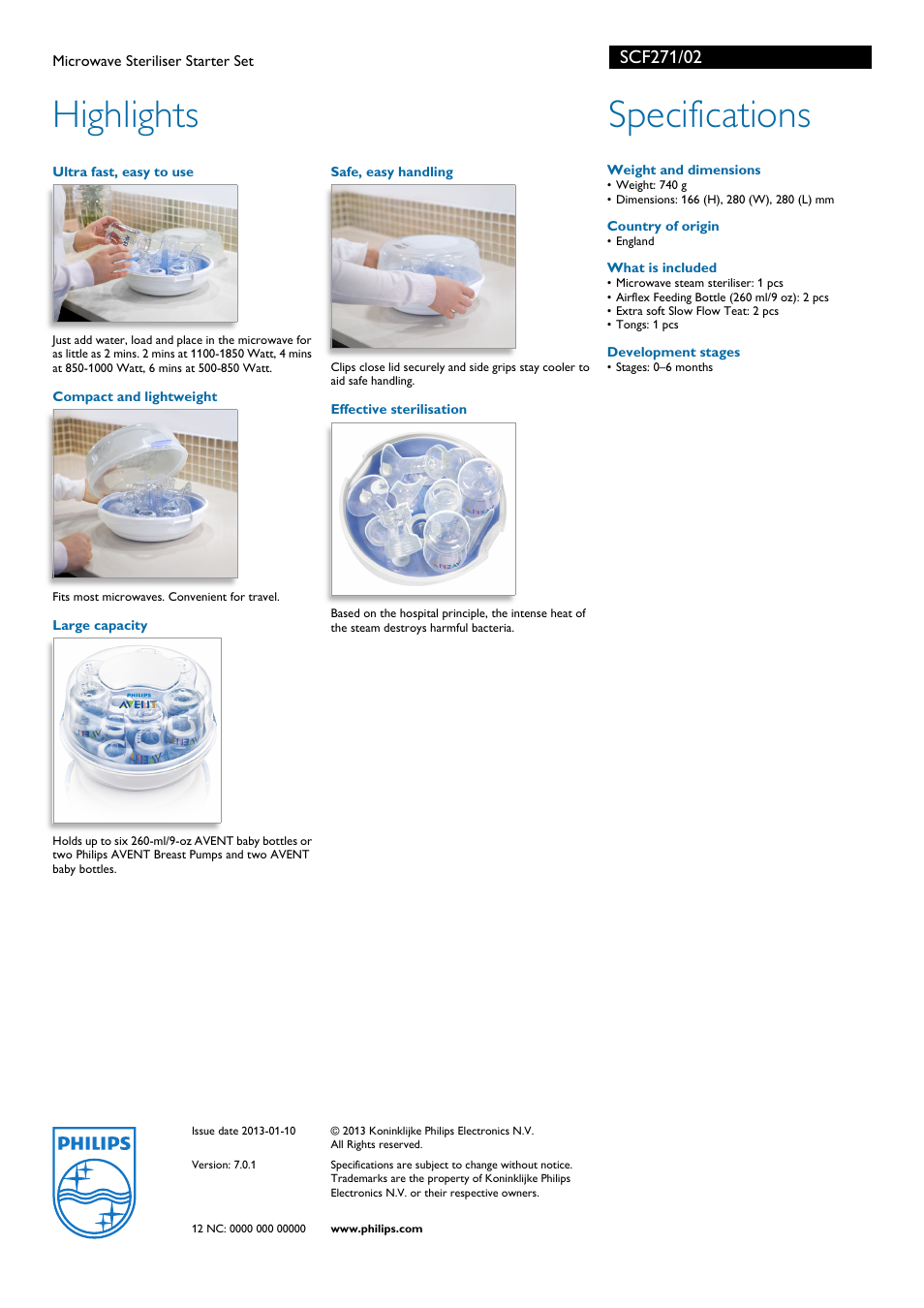 Highlights, Specifications | Philips SCF271/02 User Manual | Page 2 / 2