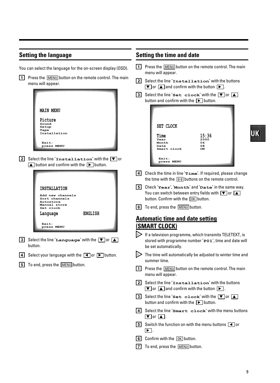 Setting the language, Setting the time and date, Automatic time and date setting (smart clock) | Philips 21PV708-715-908-918/39 User Manual | Page 11 / 29