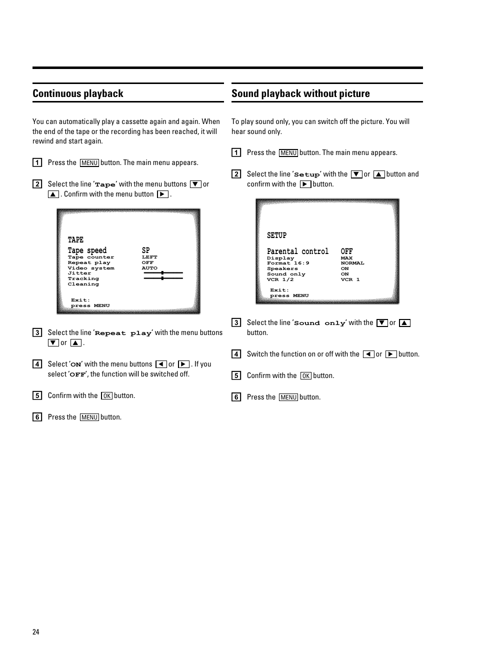 Continuous playback, Sound playback without picture | Philips 21PV708-715-908-918/39 User Manual | Page 26 / 29