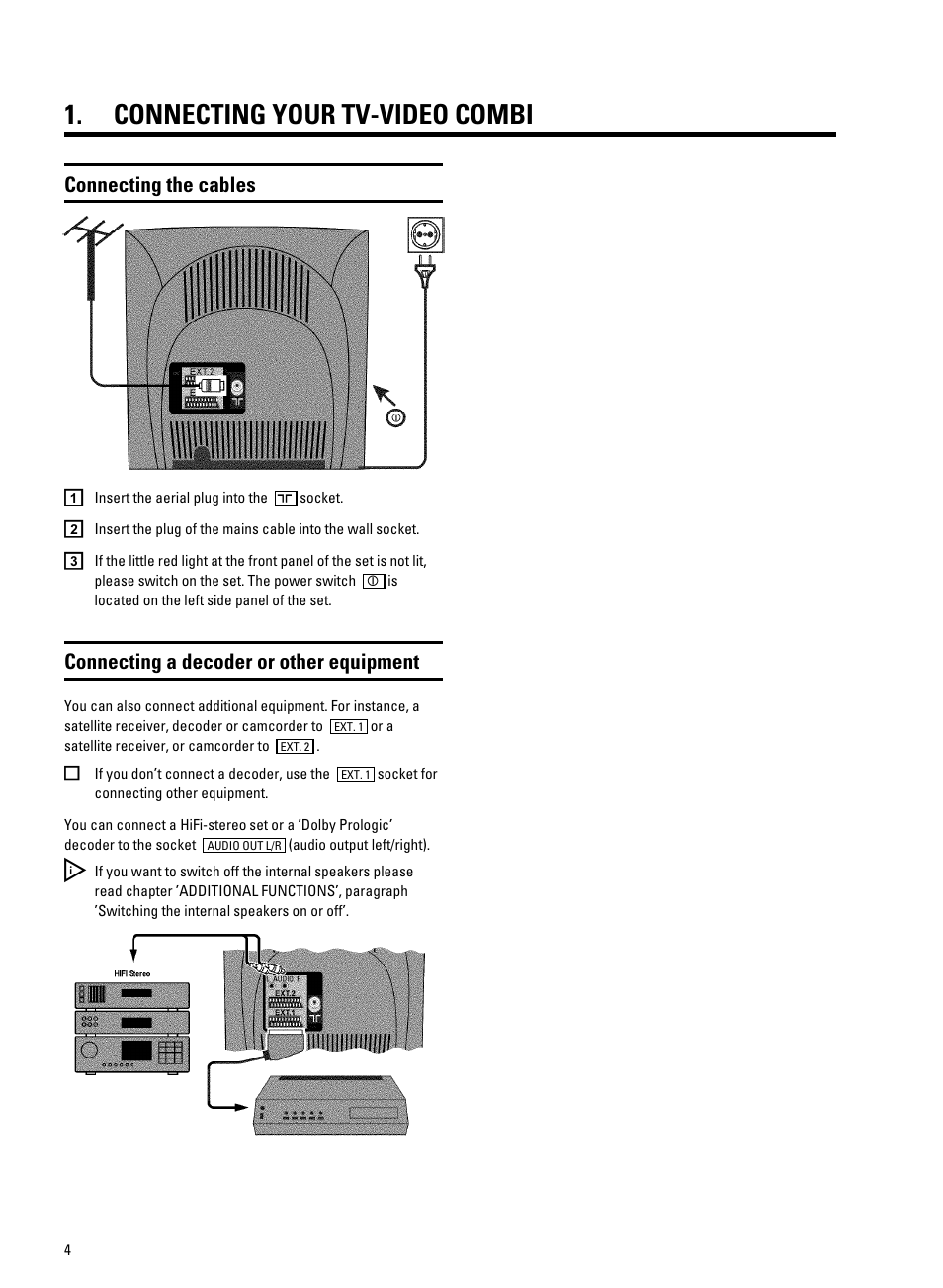 Connecting your tv-video combi, Connecting the cables, Connecting a decoder or other equipment | Philips 21PV708-715-908-918/39 User Manual | Page 6 / 29