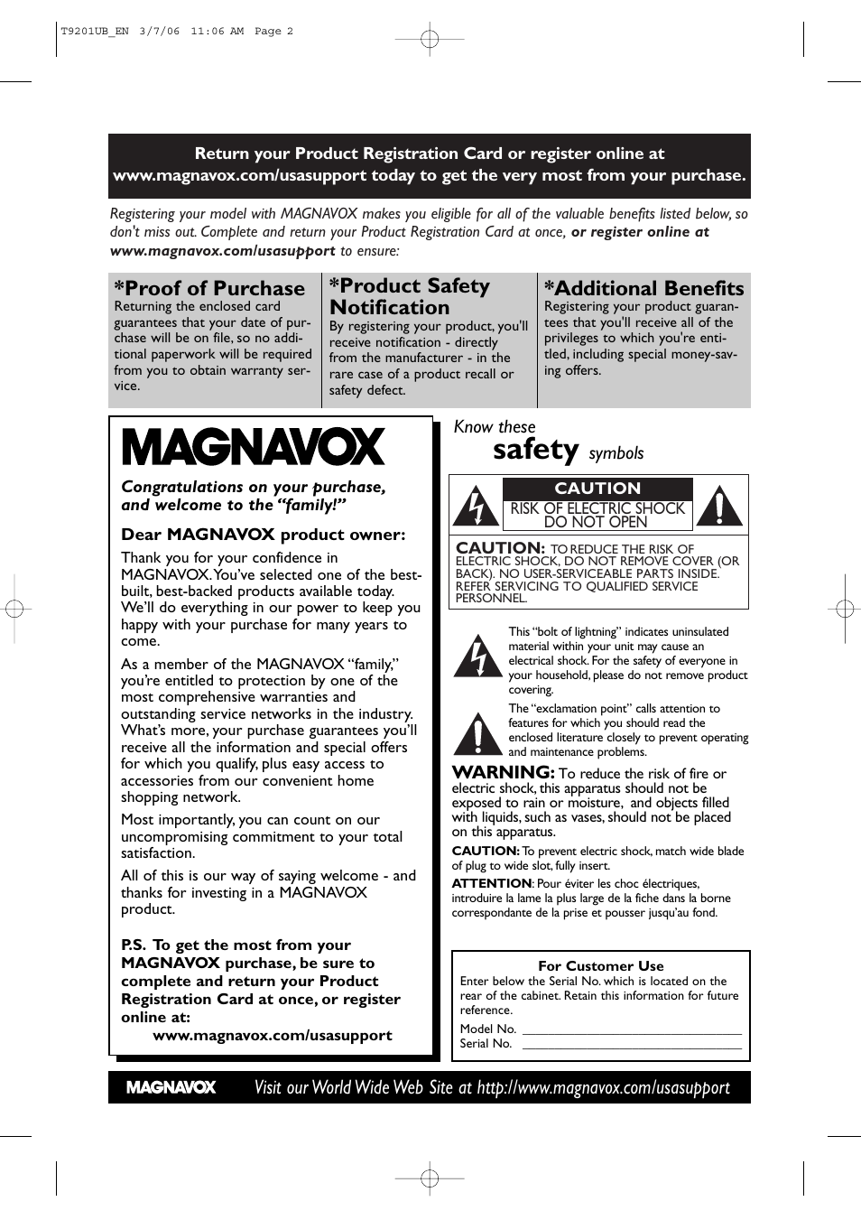 Safety, Proof of purchase, Product safety notification | Additional benefits | Philips Magnavox 20MC4206 User Manual | Page 2 / 64