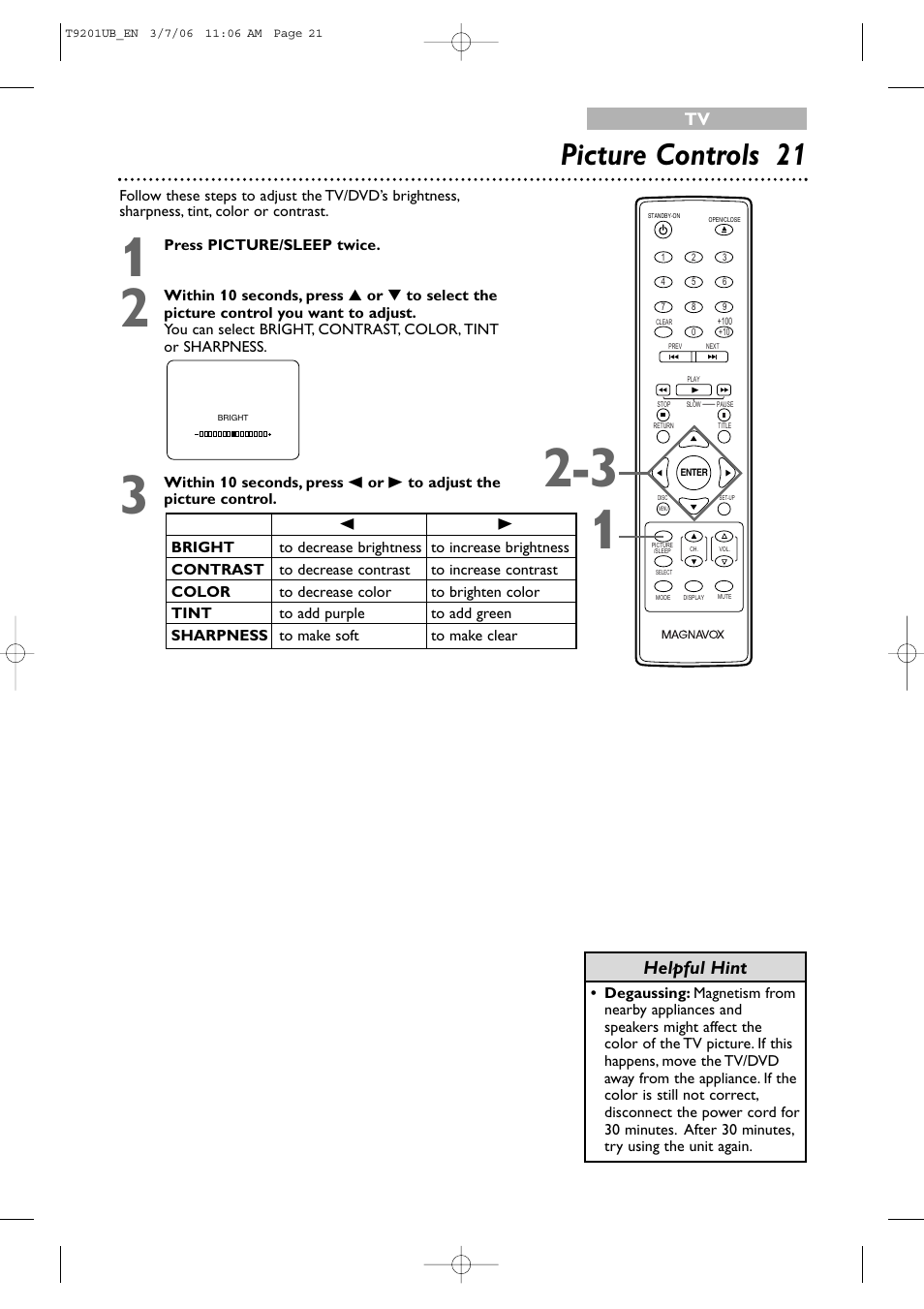 Picture controls 2 1, Helpful hint | Philips Magnavox 20MC4206 User Manual | Page 21 / 64