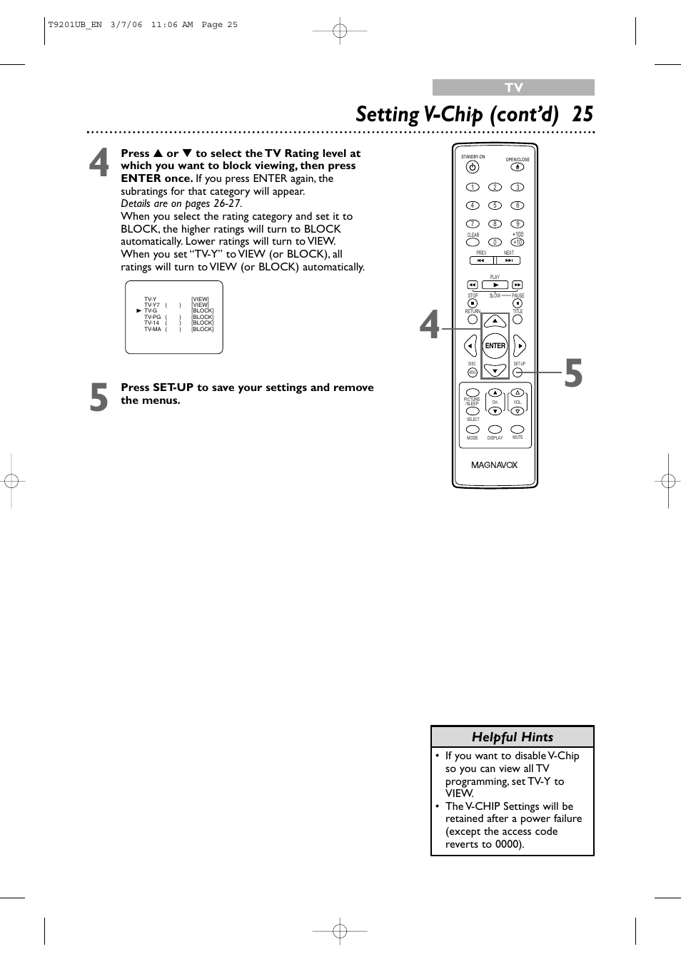 Setting v-chip (cont’d) 25, Helpful hints | Philips Magnavox 20MC4206 User Manual | Page 25 / 64