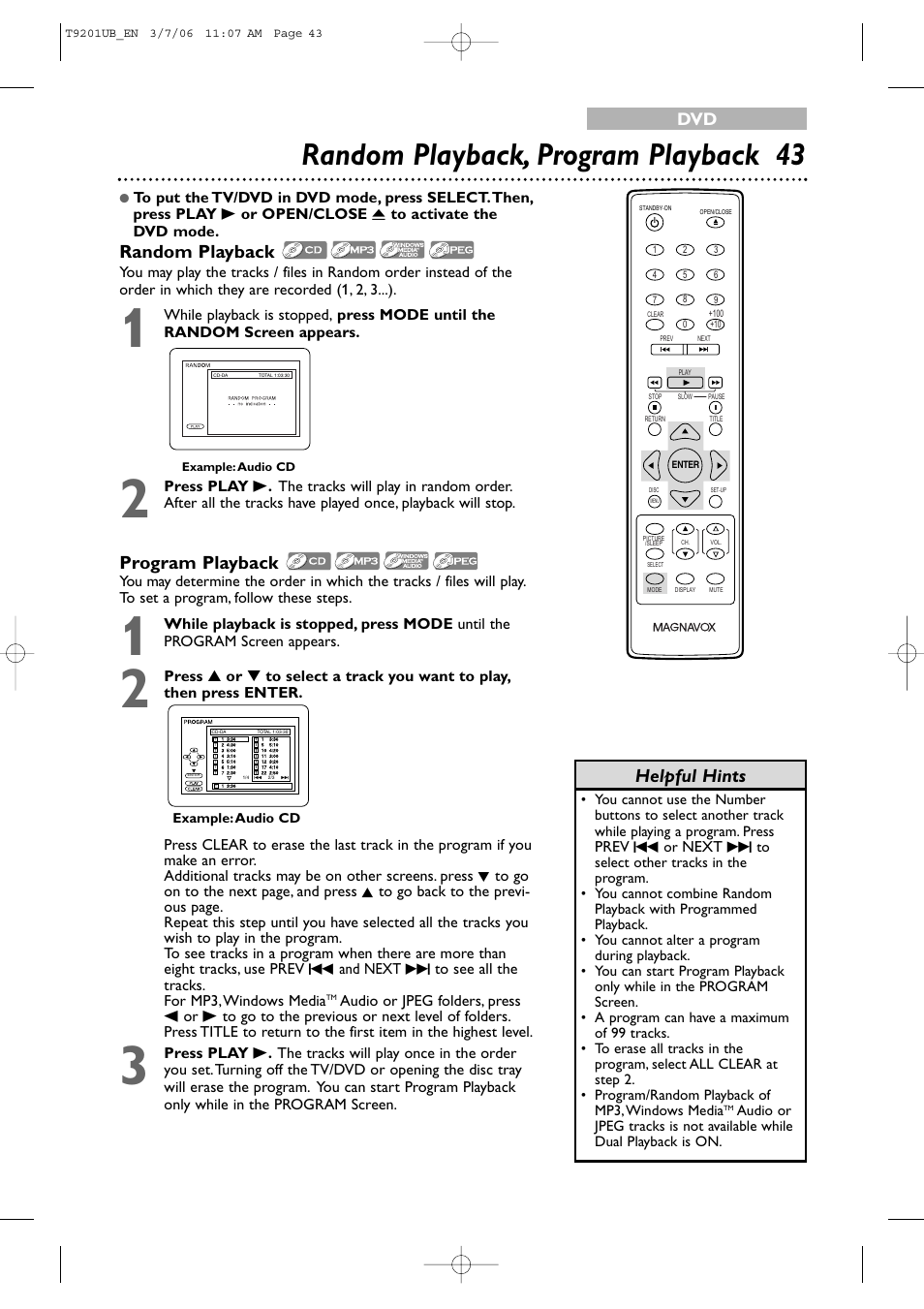 Random playback, program playback 43, Program playback, Random playback | Helpful hints | Philips Magnavox 20MC4206 User Manual | Page 43 / 64