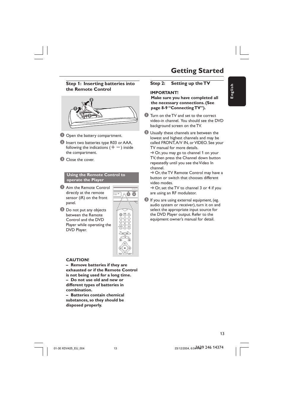 Getting started, Step 2: setting up the tv | Philips 425 User Manual | Page 13 / 30