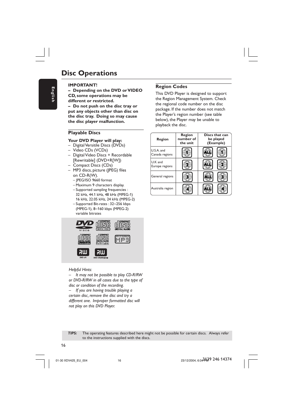 Disc operations | Philips 425 User Manual | Page 16 / 30