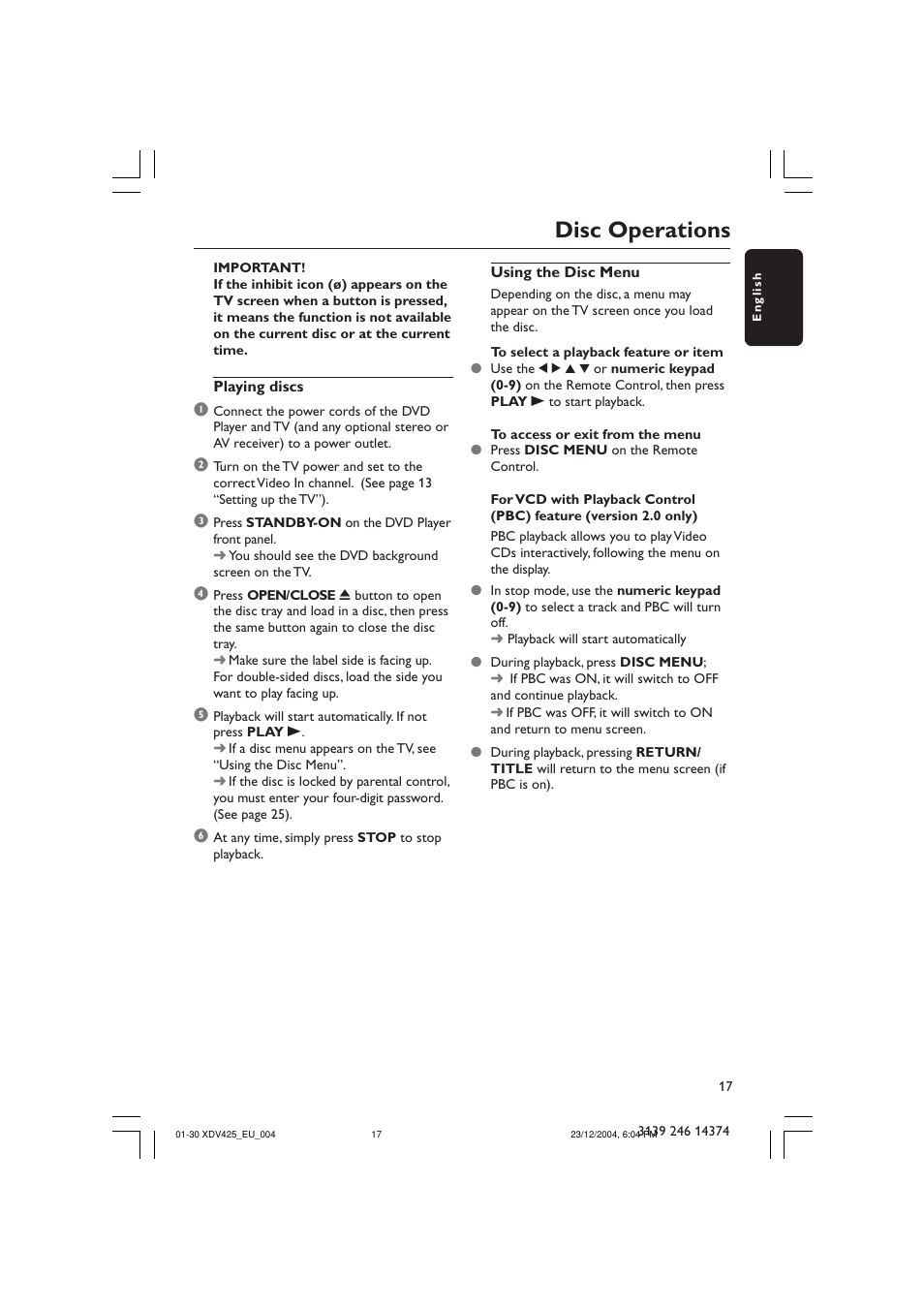 Disc operations | Philips 425 User Manual | Page 17 / 30