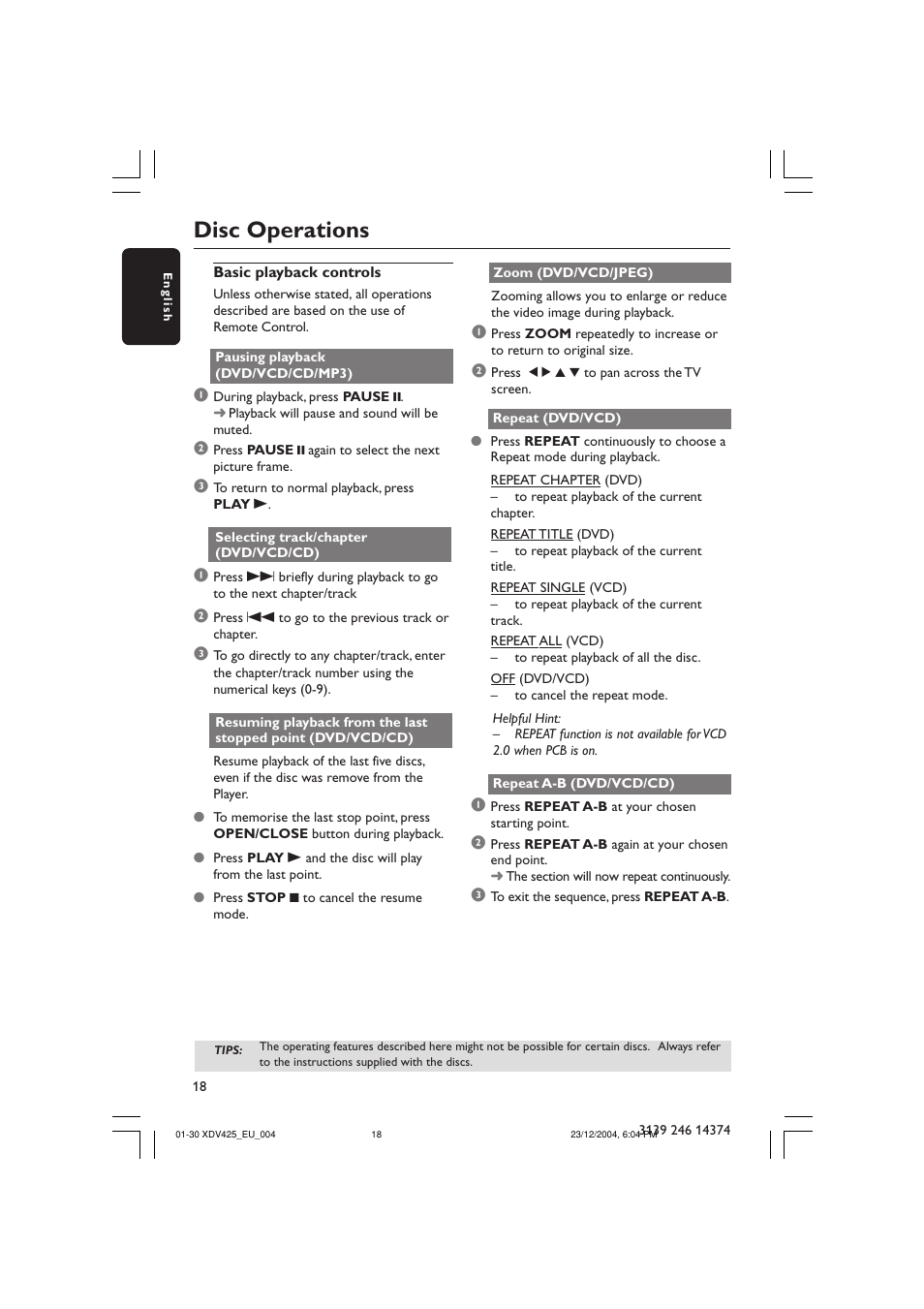 Disc operations | Philips 425 User Manual | Page 18 / 30