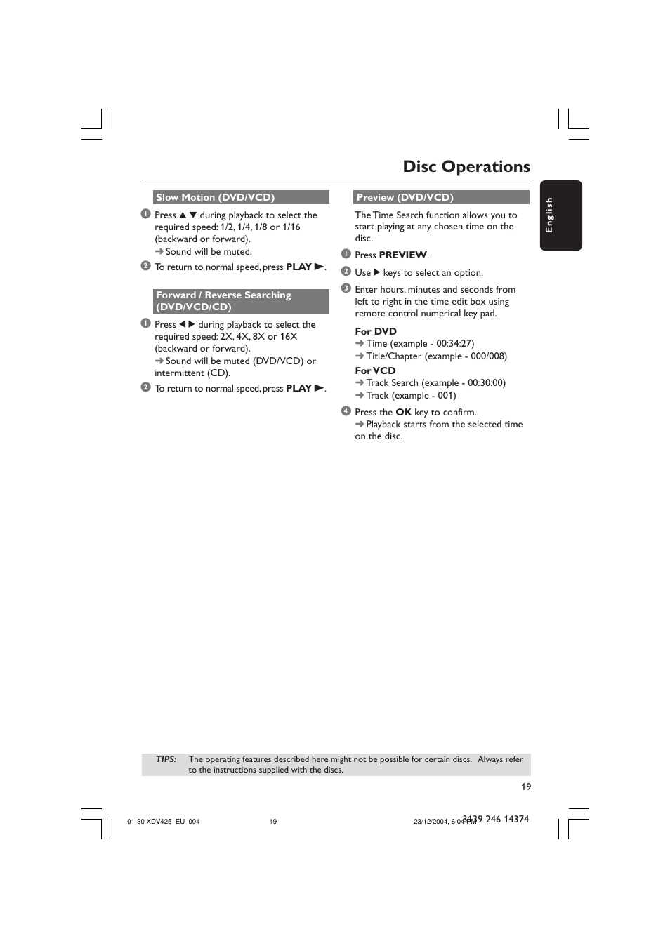 Disc operations | Philips 425 User Manual | Page 19 / 30