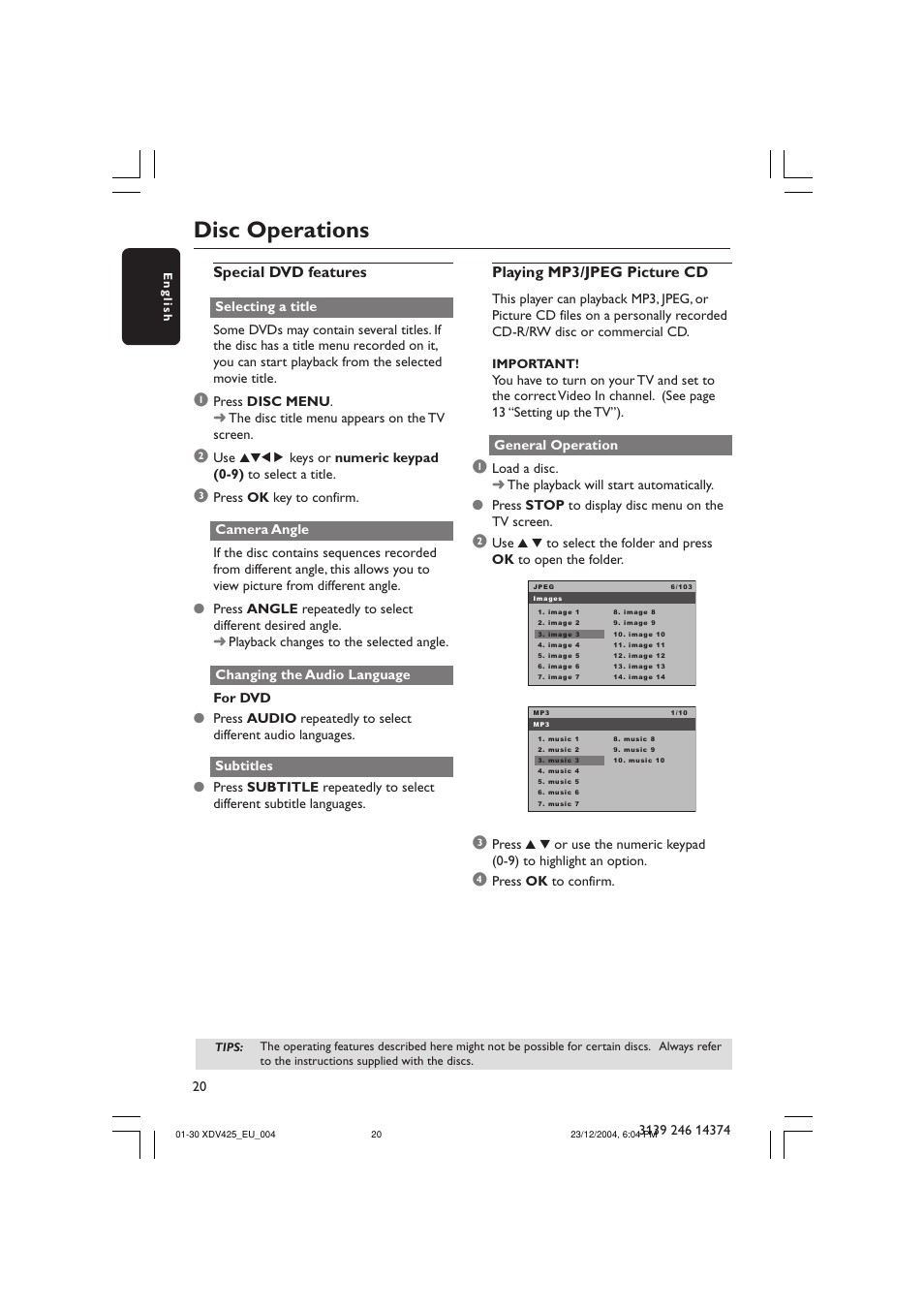 Disc operations, Playing mp3/jpeg picture cd, Special dvd features | Philips 425 User Manual | Page 20 / 30