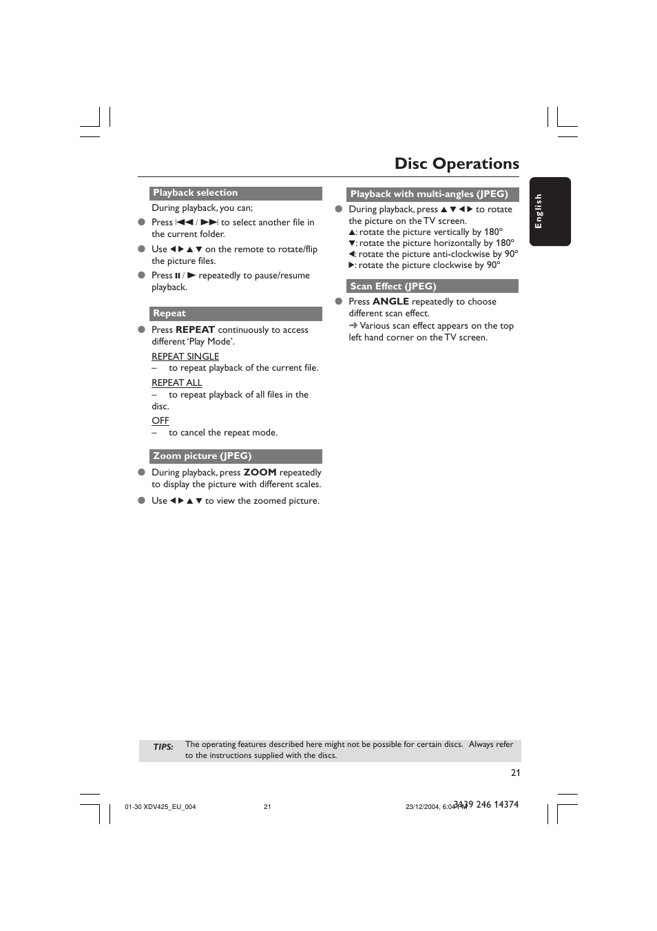 Disc operations | Philips 425 User Manual | Page 21 / 30