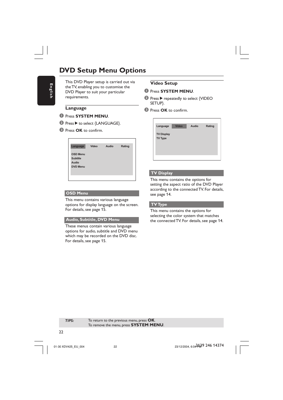 Dvd setup menu options | Philips 425 User Manual | Page 22 / 30