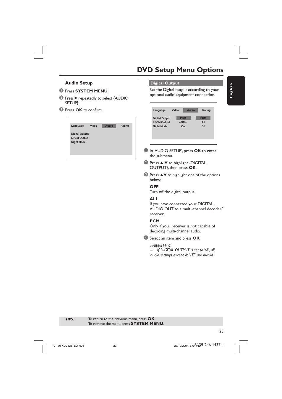 Dvd setup menu options, Audio setup | Philips 425 User Manual | Page 23 / 30