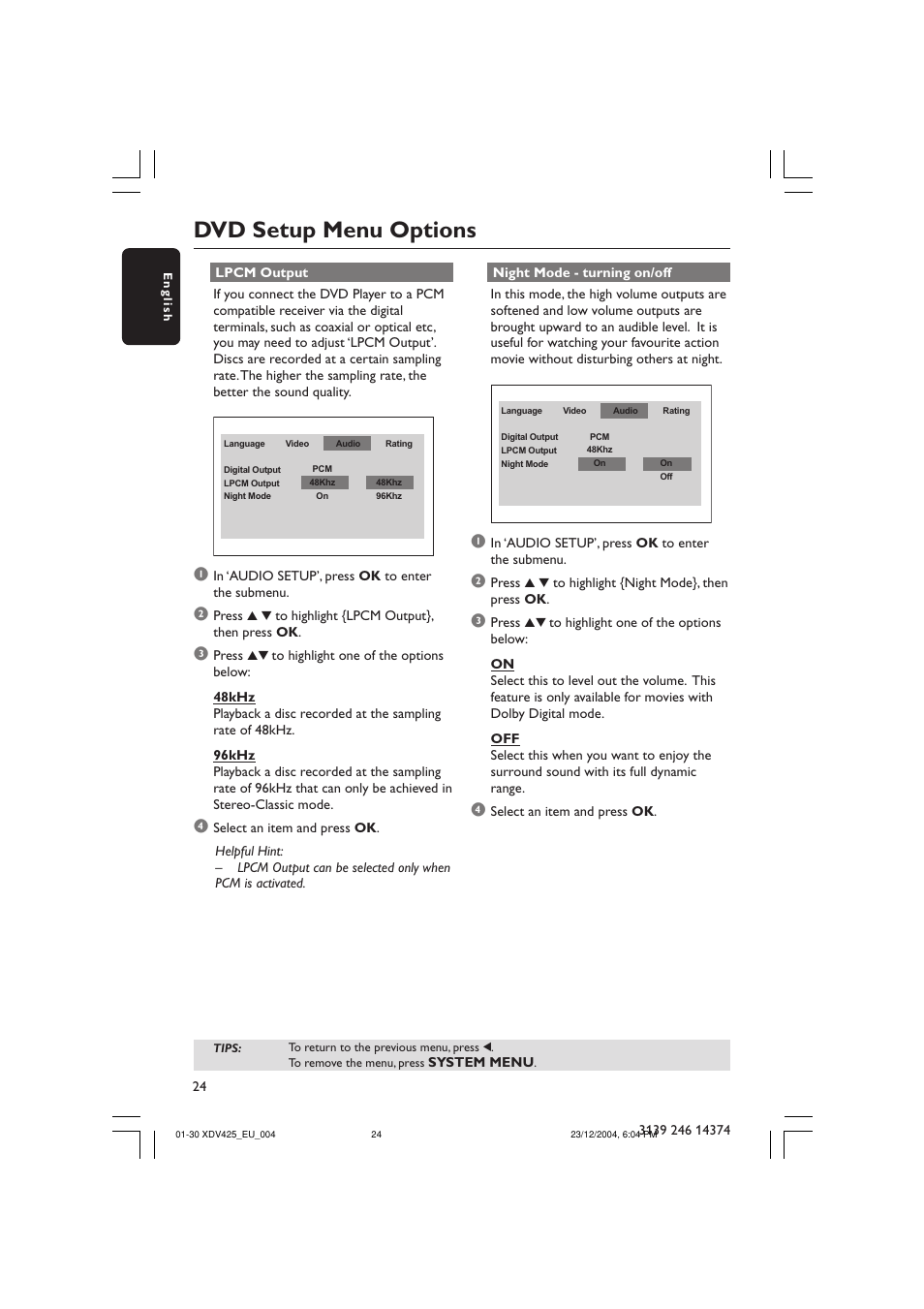 Dvd setup menu options | Philips 425 User Manual | Page 24 / 30