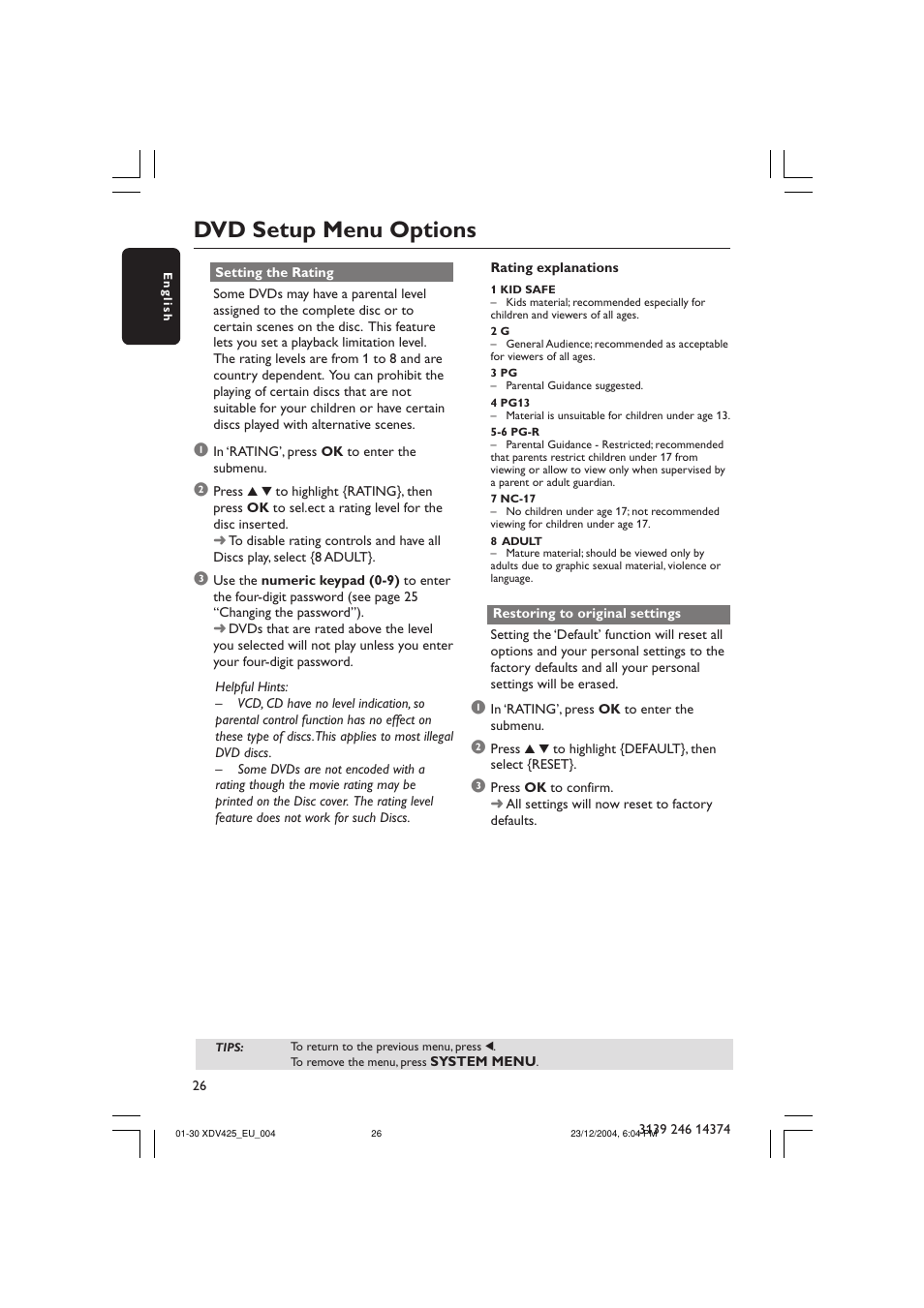 Dvd setup menu options | Philips 425 User Manual | Page 26 / 30