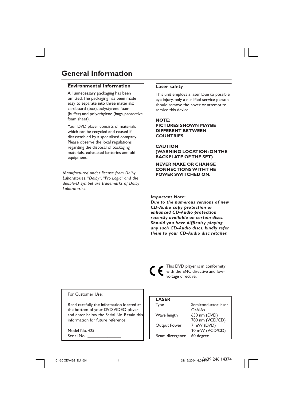 General information | Philips 425 User Manual | Page 4 / 30