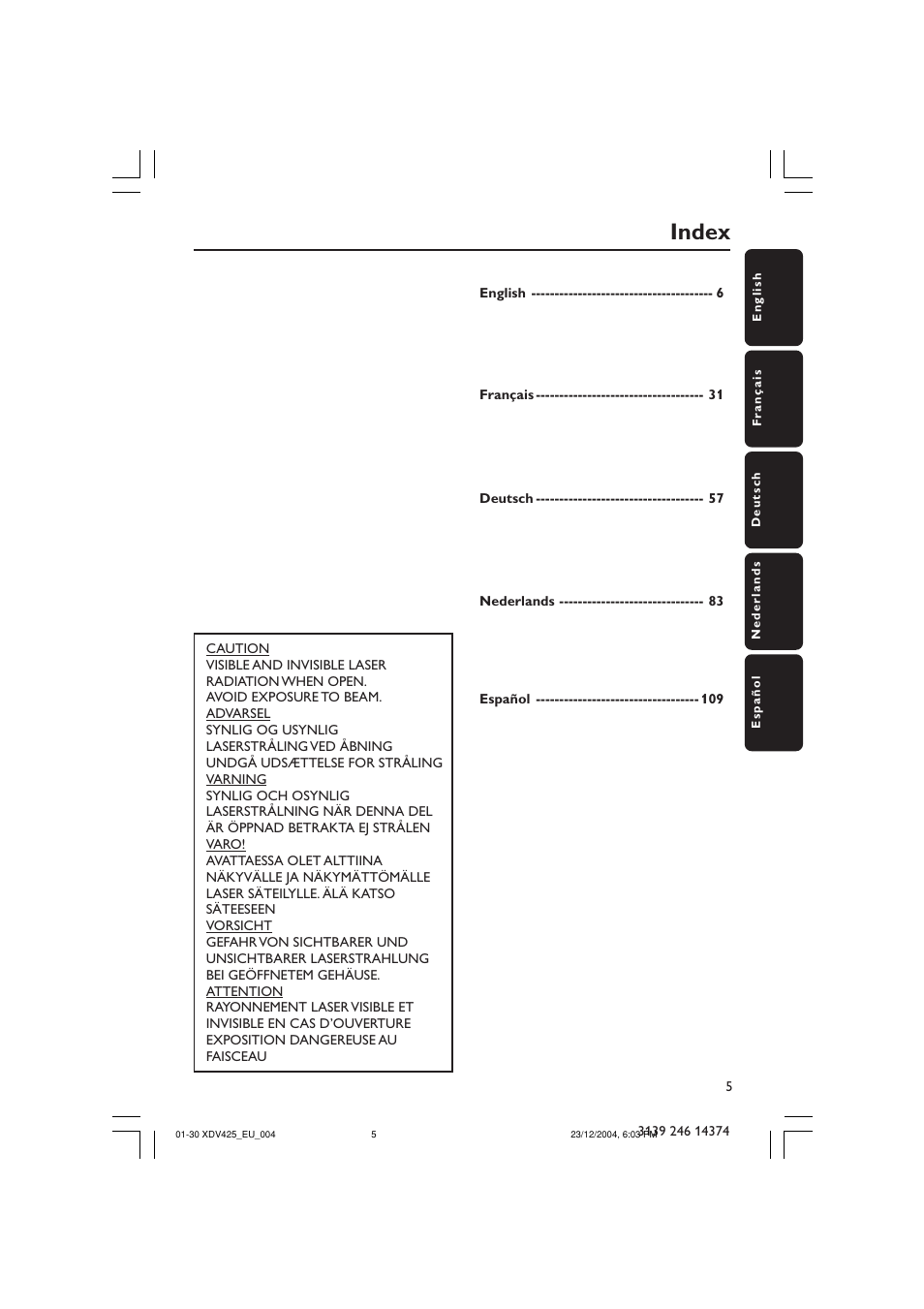 Index | Philips 425 User Manual | Page 5 / 30