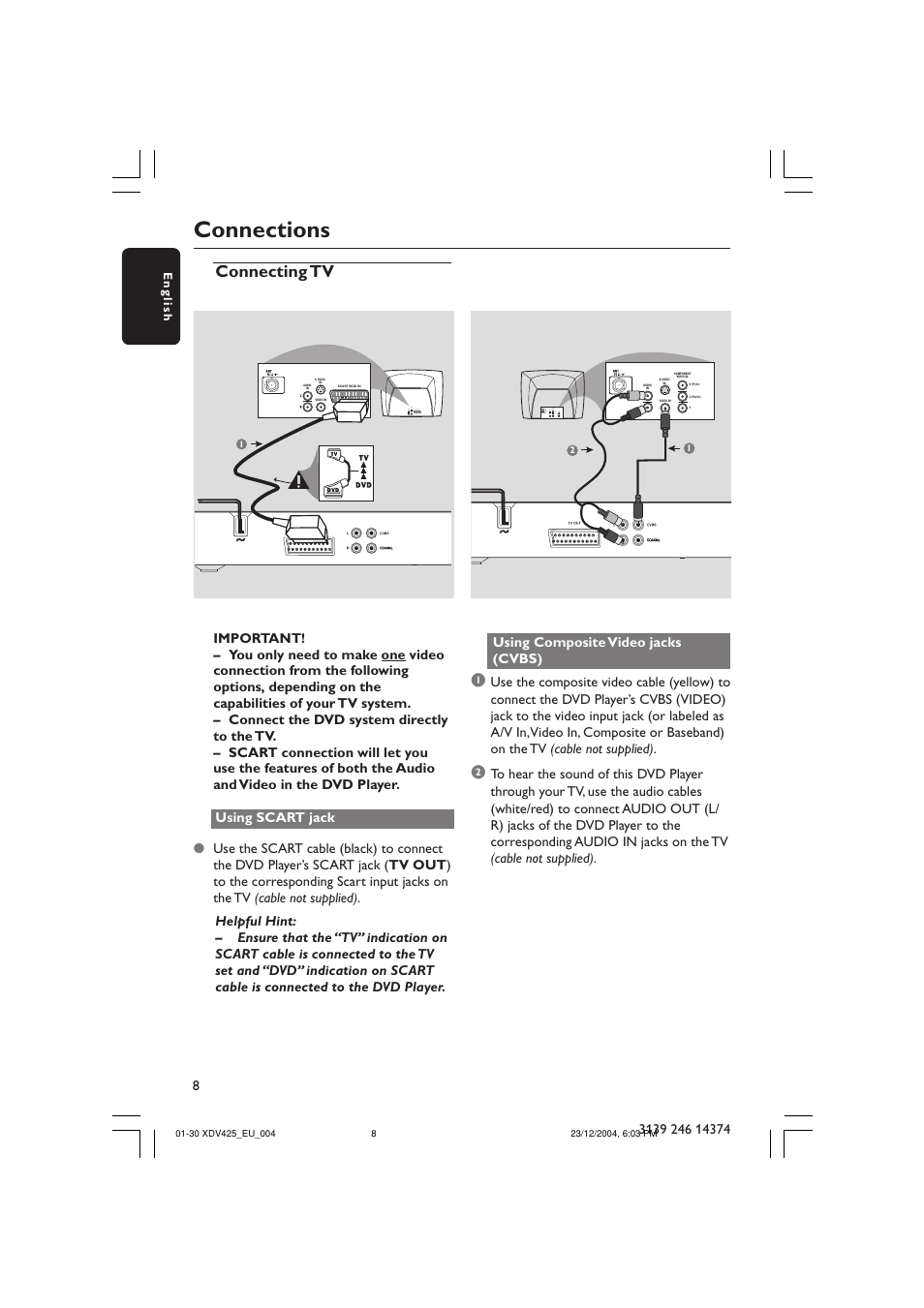 Connections, Connecting tv, Audio out s-video in video in scart/rgb in | Using composite video jacks (cvbs) | Philips 425 User Manual | Page 8 / 30