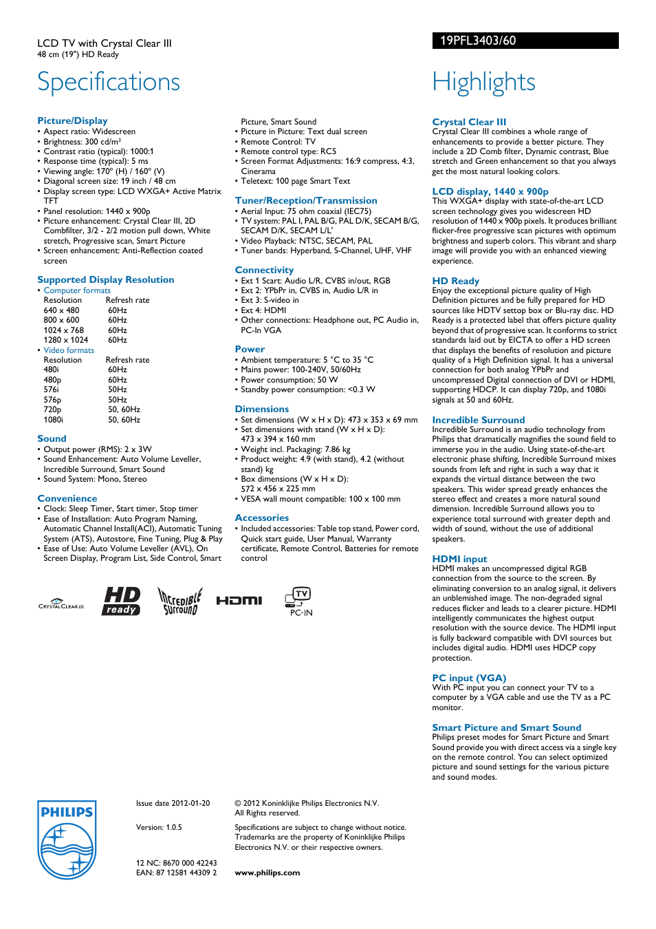 Specifications, Highlights | Philips 19PFL3403 User Manual | Page 2 / 2