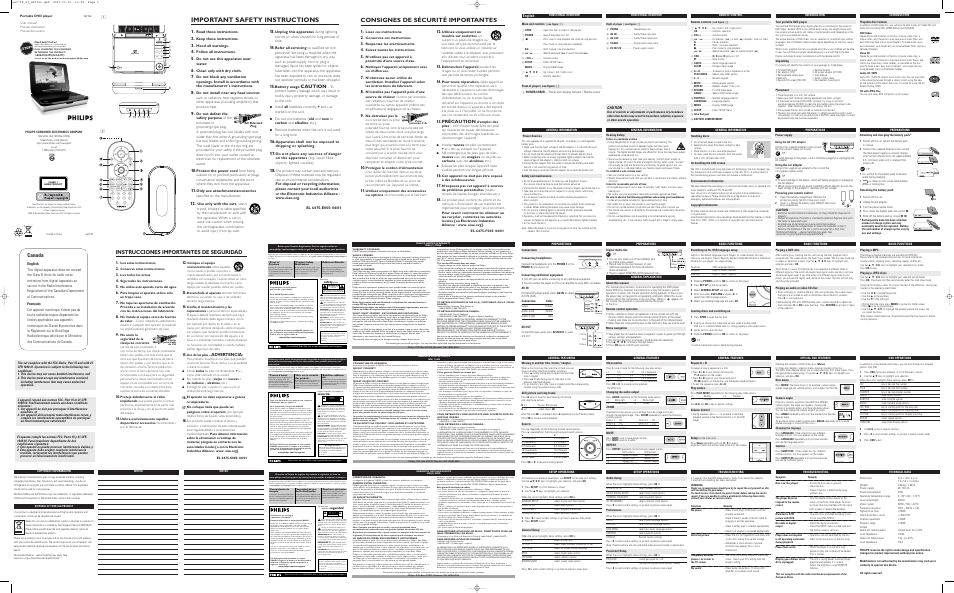 Important safety instructions, Consignes de sécurité importantes, Instrucciones importantes de seguridad | Canada, Précaution, Advertencia, English, Caution, Read these instructions, Keep these instructions | Philips PET708/37B User Manual | Page 2 / 4