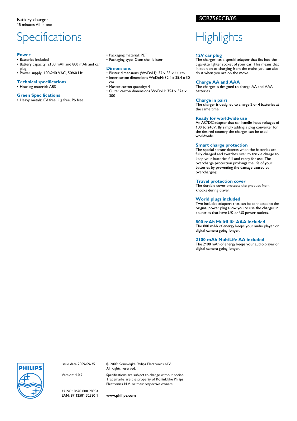 Specifications, Highlights | Philips SCB7560CB User Manual | Page 2 / 2
