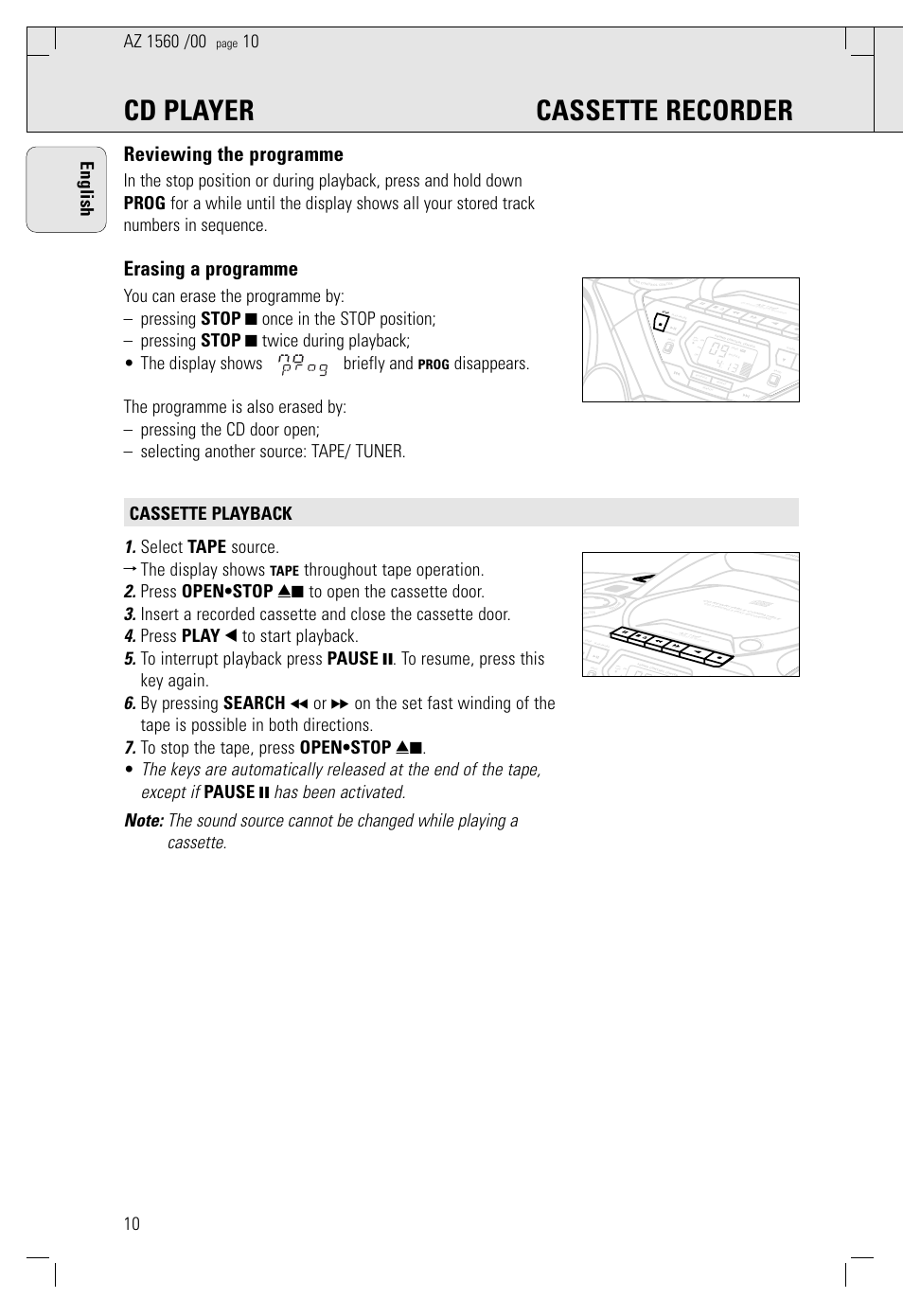 Cd player cassette recorder, Reviewing the programme, Erasing a programme | Prog, Tape | Philips AZ 1560/00 User Manual | Page 10 / 58