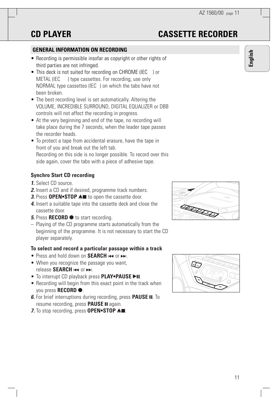 Cd player cassette recorder | Philips AZ 1560/00 User Manual | Page 11 / 58