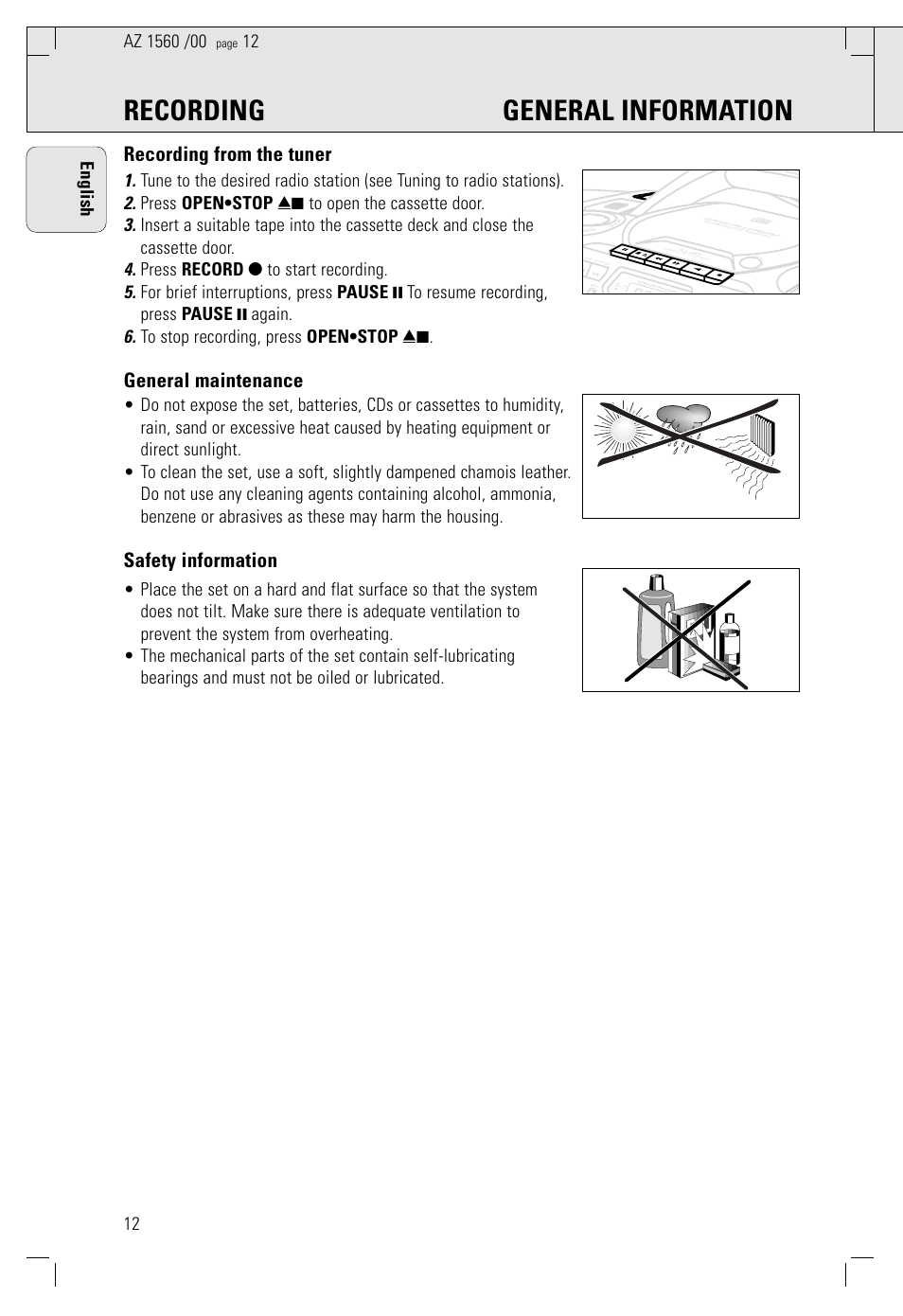 Recording general information, Recording from the tuner, General maintenance | Safety information, 12 english | Philips AZ 1560/00 User Manual | Page 12 / 58