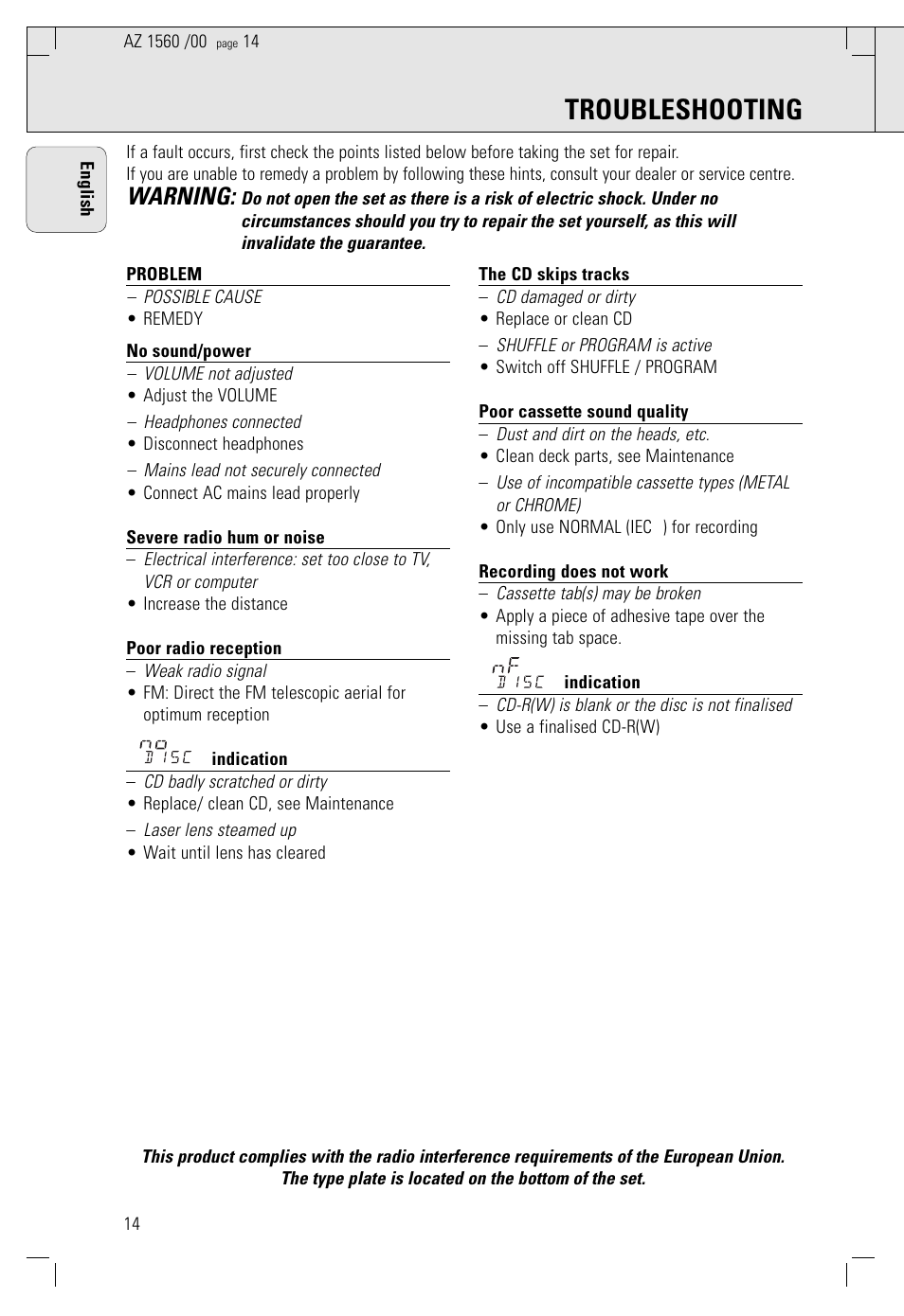 Troubleshooting, Warning | Philips AZ 1560/00 User Manual | Page 14 / 58