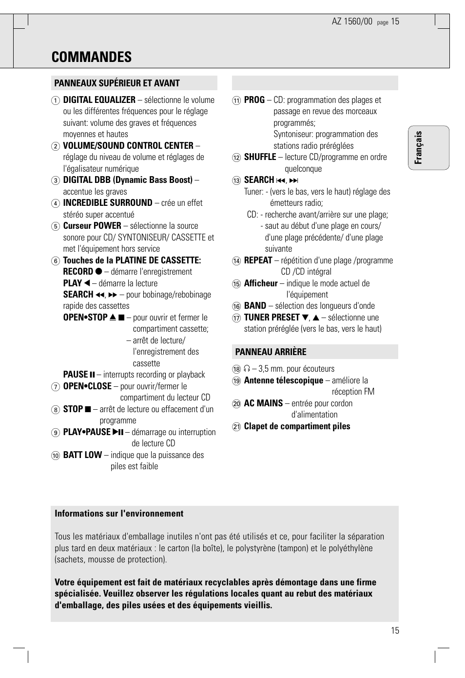 Commandes | Philips AZ 1560/00 User Manual | Page 15 / 58